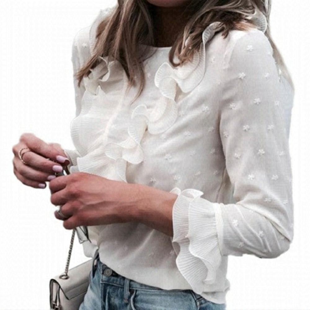TRIBE White Sheer Swiss Dot Ruffled Blouse 3/4 Sleeve Size Small NWT